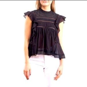 Lini Womens Black Open Stitch Sheer Ruffled Blouse Top Size S